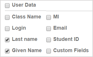The user data that can be selected to appear on a Grade Report are: class name, middle initial, login, email, last name, student ID, given name, and custom fields.
